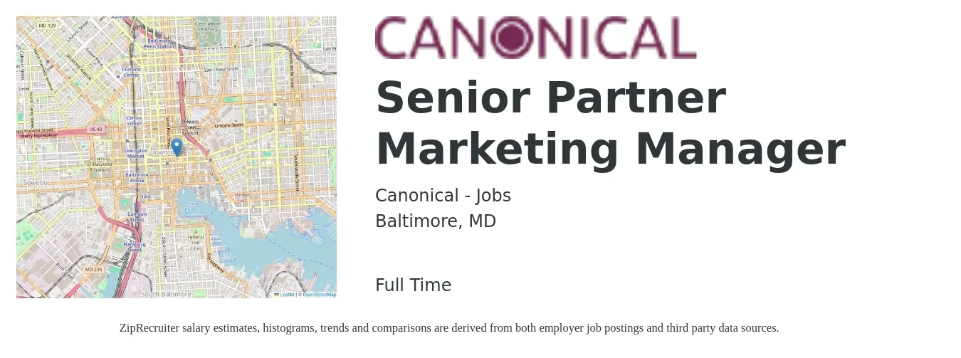Canonical - Jobs job posting for a Senior Partner Marketing Manager in Baltimore, MD with a salary of $89,400 to $130,200 Yearly with a map of Baltimore location.