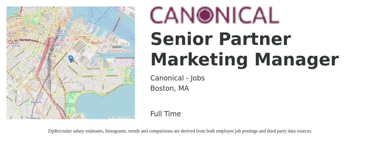 Canonical - Jobs job posting for a Senior Partner Marketing Manager in Boston, MA with a salary of $97,800 to $142,300 Yearly with a map of Boston location.
