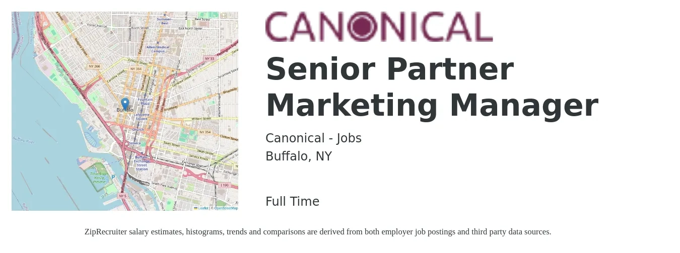 Canonical - Jobs job posting for a Senior Partner Marketing Manager in Buffalo, NY with a salary of $87,200 to $126,900 Yearly with a map of Buffalo location.