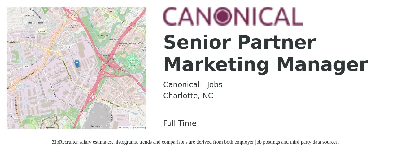 Canonical - Jobs job posting for a Senior Partner Marketing Manager in Charlotte, NC with a salary of $87,900 to $127,900 Yearly with a map of Charlotte location.