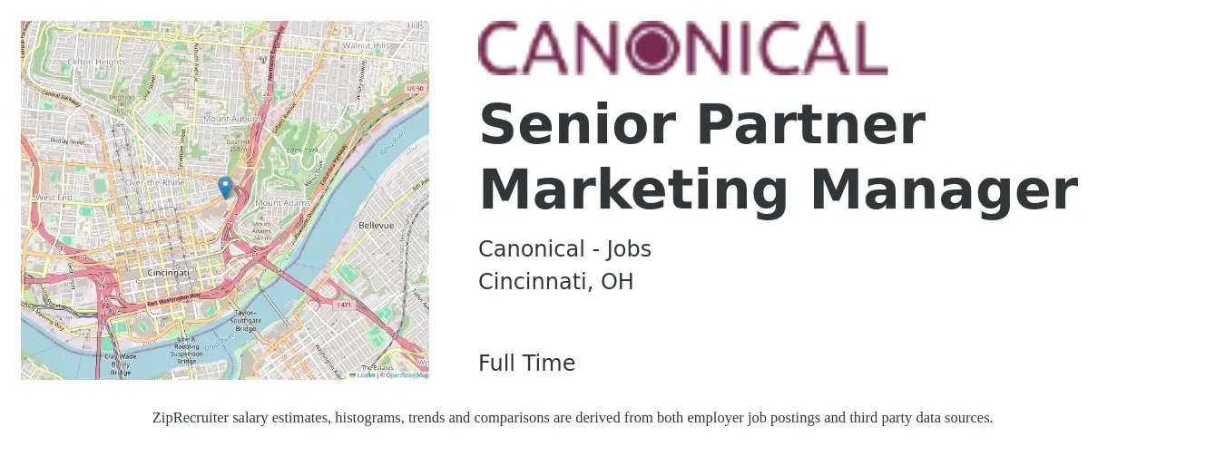 Canonical - Jobs job posting for a Senior Partner Marketing Manager in Cincinnati, OH with a salary of $86,400 to $125,700 Yearly with a map of Cincinnati location.