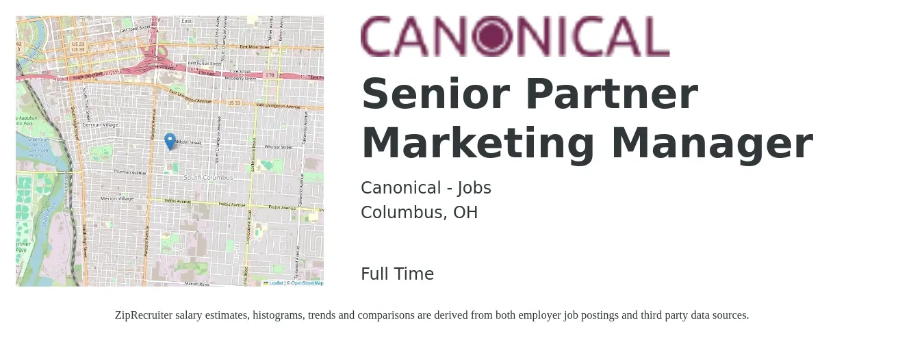 Canonical - Jobs job posting for a Senior Partner Marketing Manager in Columbus, OH with a salary of $86,900 to $126,500 Yearly with a map of Columbus location.