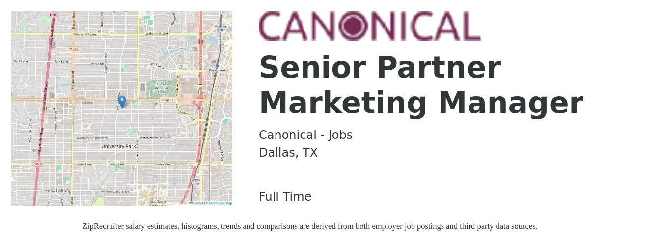 Canonical - Jobs job posting for a Senior Partner Marketing Manager in Dallas, TX with a salary of $89,000 to $129,600 Yearly with a map of Dallas location.