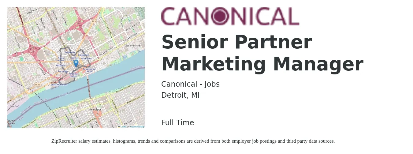 Canonical - Jobs job posting for a Senior Partner Marketing Manager in Detroit, MI with a salary of $89,100 to $129,700 Yearly with a map of Detroit location.
