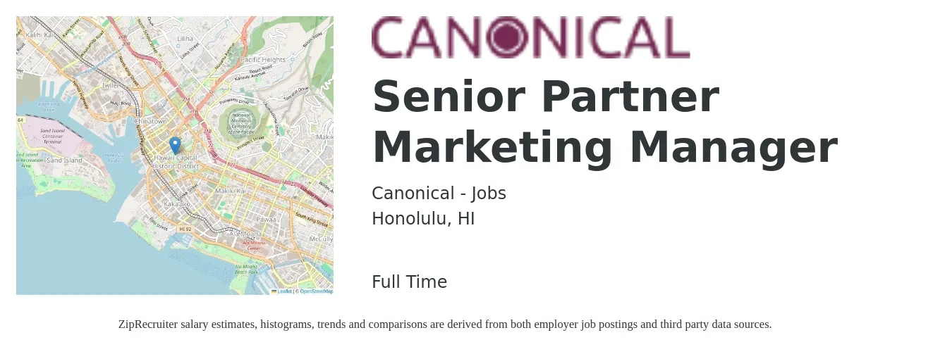 Canonical - Jobs job posting for a Senior Partner Marketing Manager in Honolulu, HI with a salary of $88,900 to $129,400 Yearly with a map of Honolulu location.