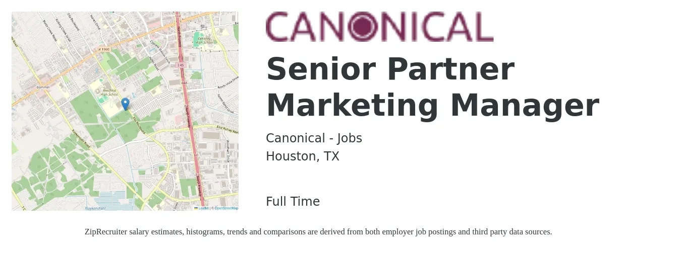 Canonical - Jobs job posting for a Senior Partner Marketing Manager in Houston, TX with a salary of $85,900 to $125,100 Yearly with a map of Houston location.