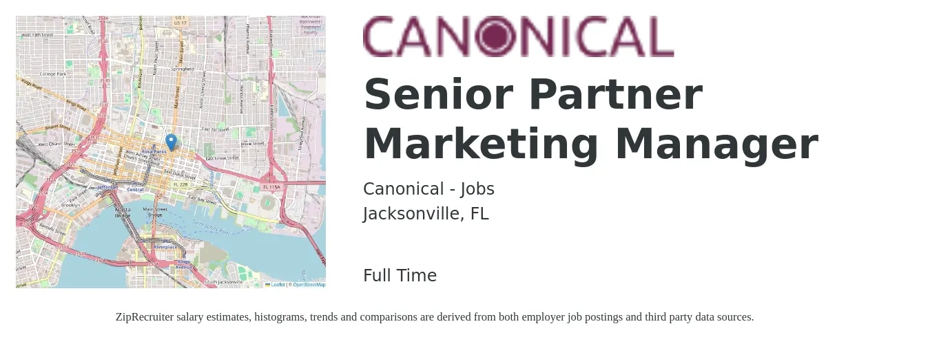 Canonical - Jobs job posting for a Senior Partner Marketing Manager in Jacksonville, FL with a salary of $83,400 to $121,400 Yearly with a map of Jacksonville location.