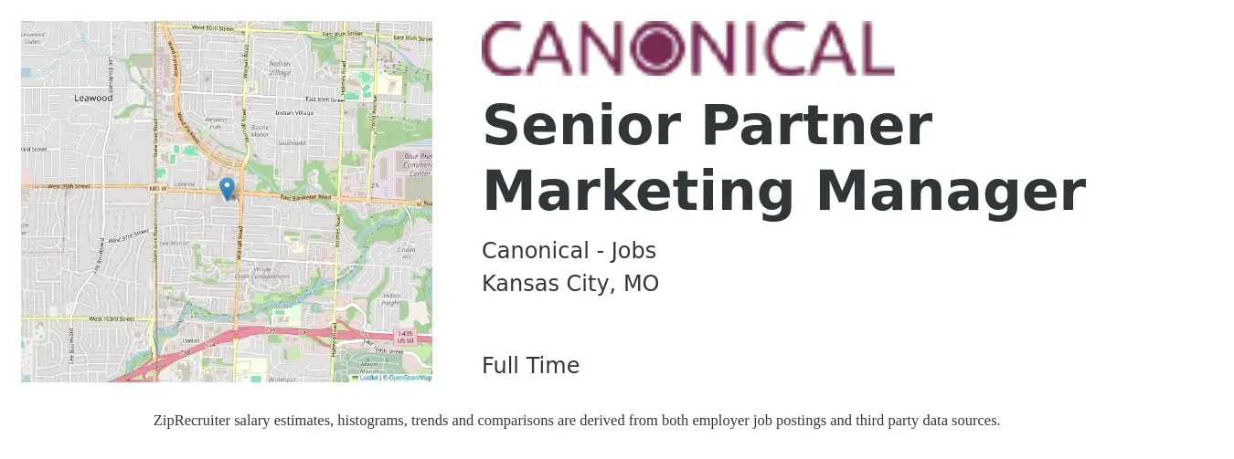 Canonical - Jobs job posting for a Senior Partner Marketing Manager in Kansas City, MO with a salary of $87,800 to $127,800 Yearly with a map of Kansas City location.
