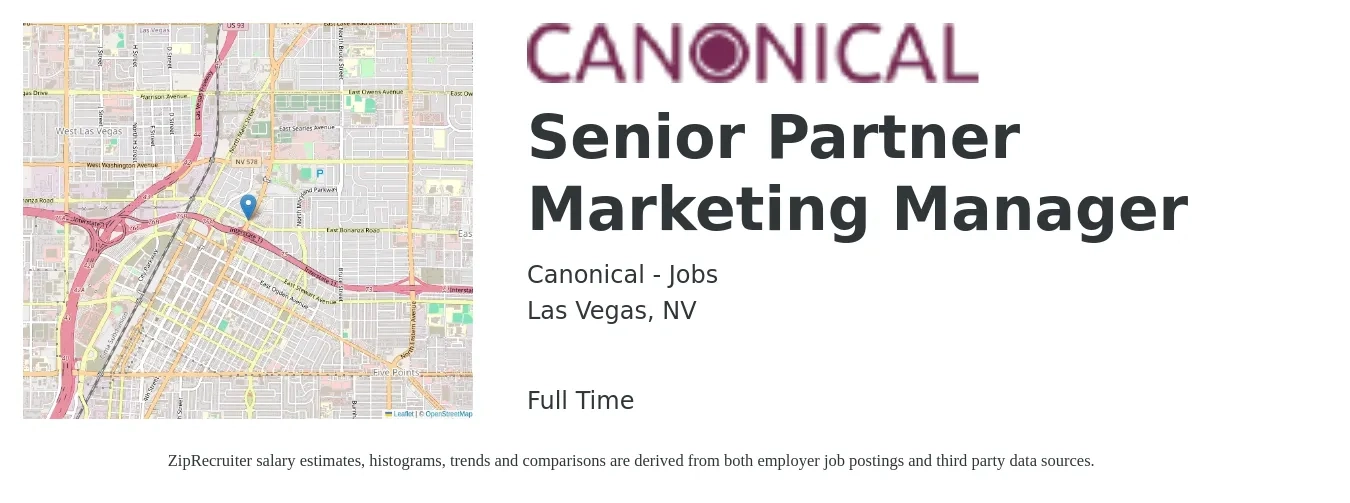 Canonical - Jobs job posting for a Senior Partner Marketing Manager in Las Vegas, NV with a salary of $86,000 to $125,100 Yearly with a map of Las Vegas location.