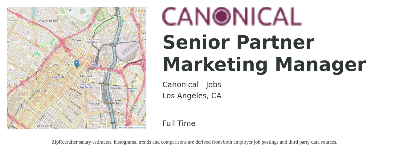 Canonical - Jobs job posting for a Senior Partner Marketing Manager in Los Angeles, CA with a salary of $97,000 to $141,200 Yearly with a map of Los Angeles location.