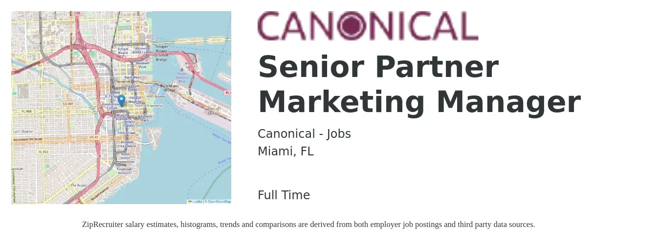 Canonical - Jobs job posting for a Senior Partner Marketing Manager in Miami, FL with a salary of $86,100 to $125,300 Yearly with a map of Miami location.