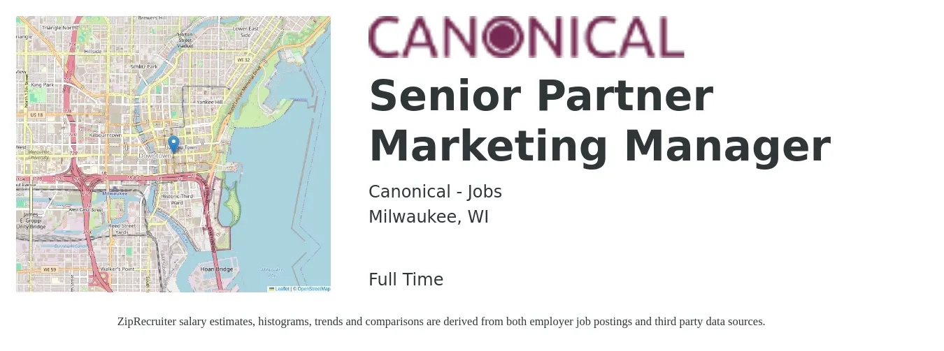 Canonical - Jobs job posting for a Senior Partner Marketing Manager in Milwaukee, WI with a salary of $88,700 to $129,100 Yearly with a map of Milwaukee location.