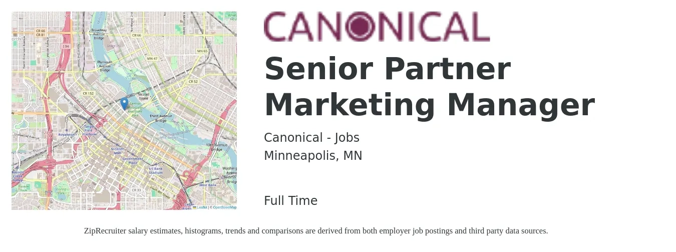 Canonical - Jobs job posting for a Senior Partner Marketing Manager in Minneapolis, MN with a salary of $93,900 to $136,700 Yearly with a map of Minneapolis location.