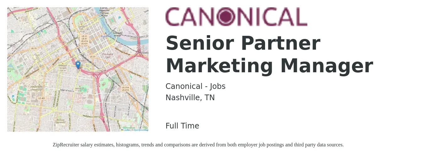 Canonical - Jobs job posting for a Senior Partner Marketing Manager in Nashville, TN with a salary of $86,900 to $126,500 Yearly with a map of Nashville location.