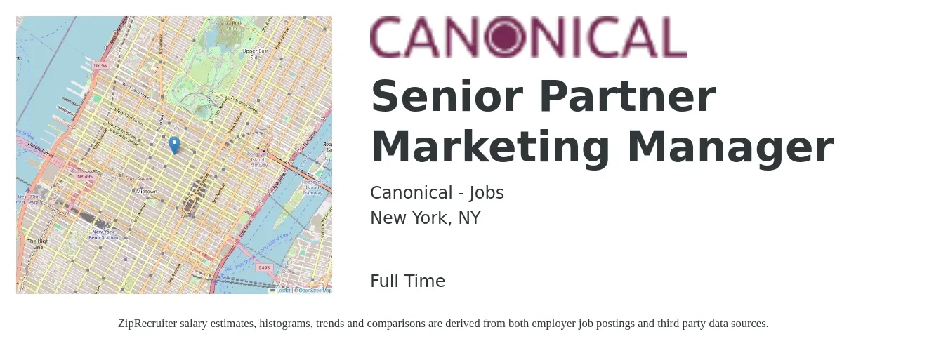 Canonical - Jobs job posting for a Senior Partner Marketing Manager in New York, NY with a salary of $98,500 to $143,300 Yearly with a map of New York location.