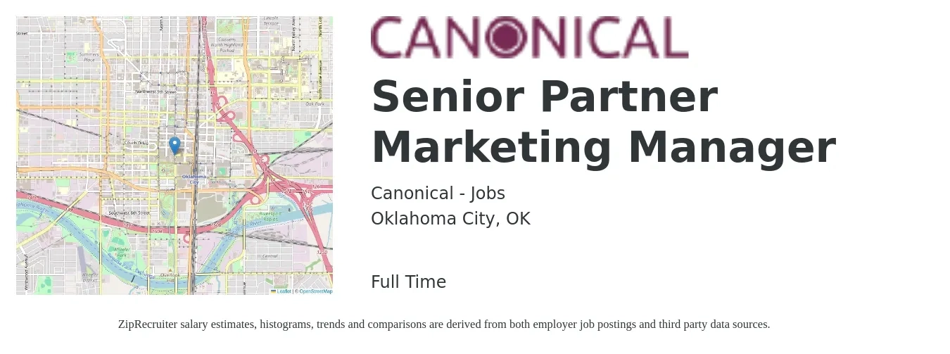 Canonical - Jobs job posting for a Senior Partner Marketing Manager in Oklahoma City, OK with a salary of $83,600 to $121,700 Yearly with a map of Oklahoma City location.