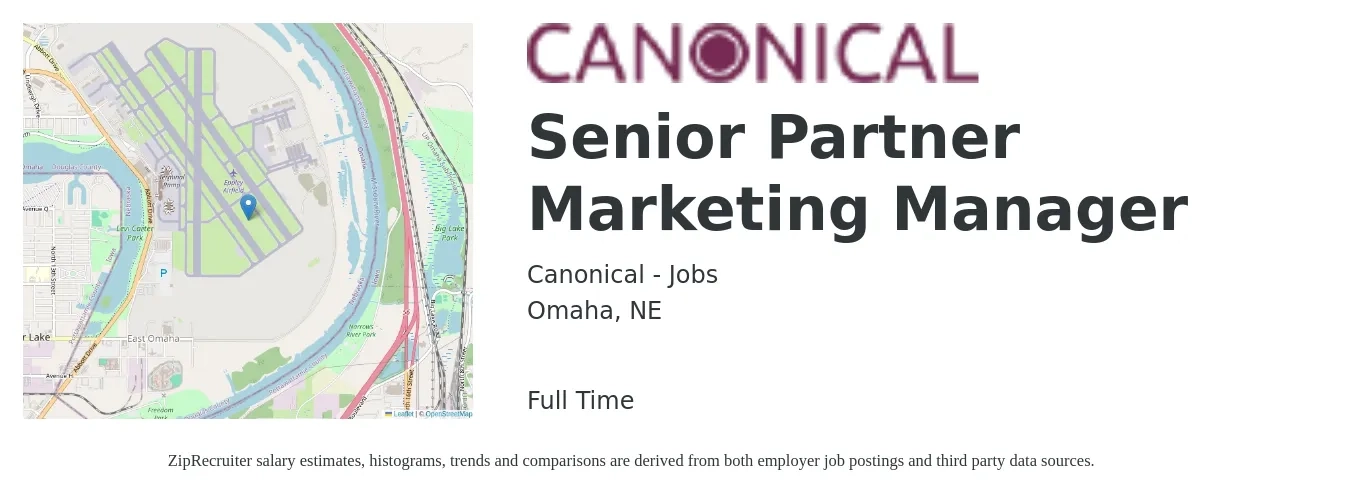 Canonical - Jobs job posting for a Senior Partner Marketing Manager in Omaha, NE with a salary of $86,100 to $125,300 Yearly with a map of Omaha location.