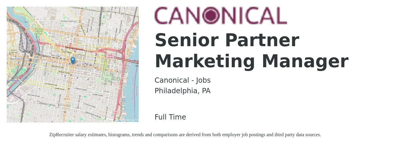 Canonical - Jobs job posting for a Senior Partner Marketing Manager in Philadelphia, PA with a salary of $90,800 to $132,200 Yearly with a map of Philadelphia location.