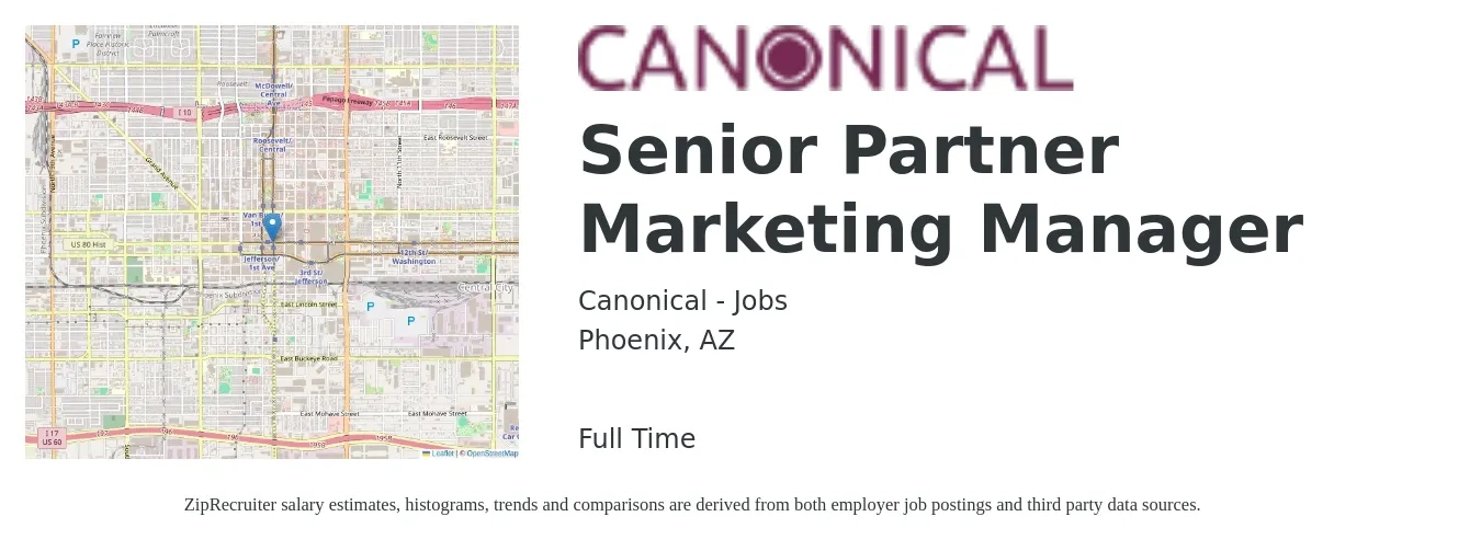 Canonical - Jobs job posting for a Senior Partner Marketing Manager in Phoenix, AZ with a salary of $89,400 to $130,100 Yearly with a map of Phoenix location.