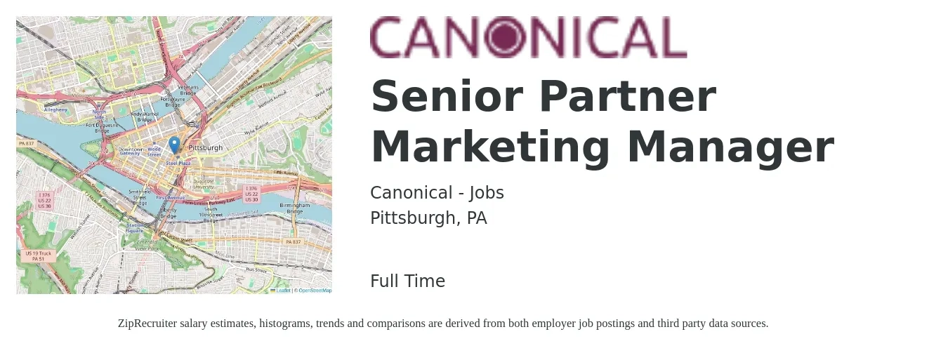 Canonical - Jobs job posting for a Senior Partner Marketing Manager in Pittsburgh, PA with a salary of $87,400 to $127,200 Yearly with a map of Pittsburgh location.