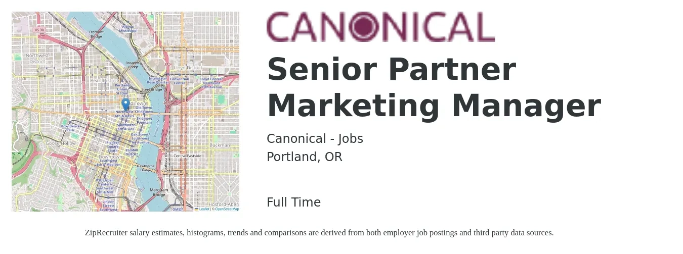 Canonical - Jobs job posting for a Senior Partner Marketing Manager in Portland, OR with a salary of $95,400 to $138,900 Yearly with a map of Portland location.