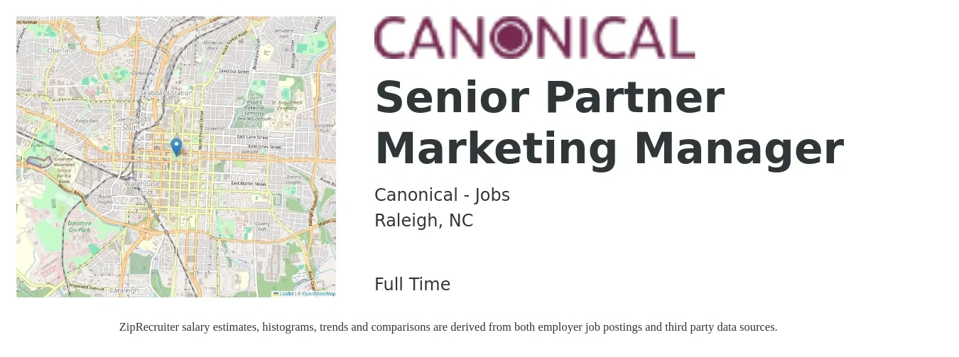 Canonical - Jobs job posting for a Senior Partner Marketing Manager in Raleigh, NC with a salary of $87,500 to $127,300 Yearly with a map of Raleigh location.