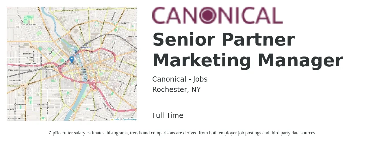 Canonical - Jobs job posting for a Senior Partner Marketing Manager in Rochester, NY with a salary of $88,800 to $129,300 Yearly with a map of Rochester location.