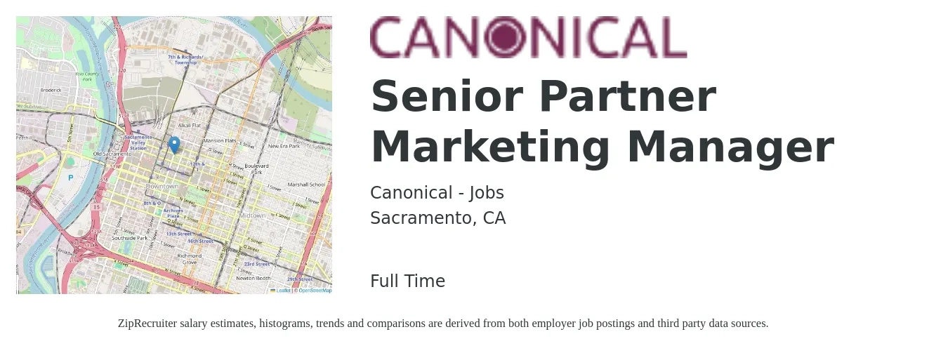 Canonical - Jobs job posting for a Senior Partner Marketing Manager in Sacramento, CA with a salary of $96,000 to $139,700 Yearly with a map of Sacramento location.