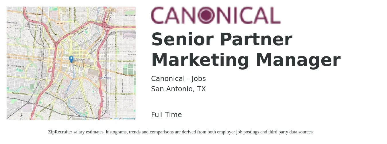 Canonical - Jobs job posting for a Senior Partner Marketing Manager in San Antonio, TX with a salary of $81,200 to $118,200 Yearly with a map of San Antonio location.