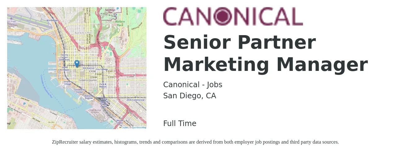 Canonical - Jobs job posting for a Senior Partner Marketing Manager in San Diego, CA with a salary of $95,600 to $139,100 Yearly with a map of San Diego location.
