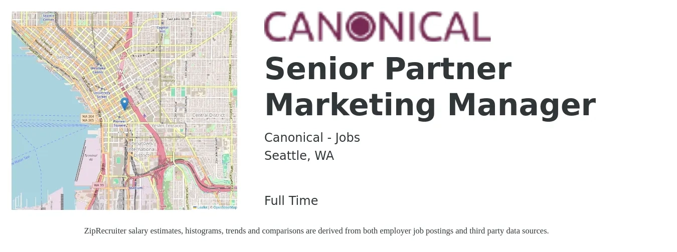 Canonical - Jobs job posting for a Senior Partner Marketing Manager in Seattle, WA with a salary of $102,400 to $149,100 Yearly with a map of Seattle location.