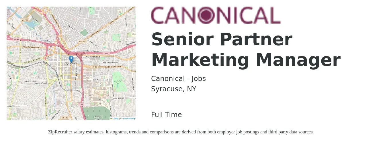 Canonical - Jobs job posting for a Senior Partner Marketing Manager in Syracuse, NY with a salary of $88,900 to $129,400 Yearly with a map of Syracuse location.