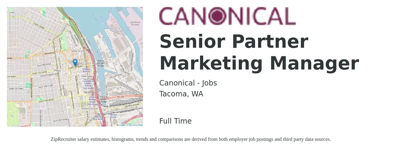 Canonical - Jobs job posting for a Senior Partner Marketing Manager in Tacoma, WA with a salary of $96,700 to $140,700 Yearly with a map of Tacoma location.
