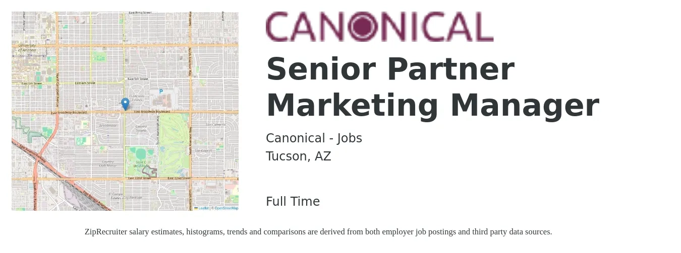 Canonical - Jobs job posting for a Senior Partner Marketing Manager in Tucson, AZ with a salary of $85,100 to $123,900 Yearly with a map of Tucson location.
