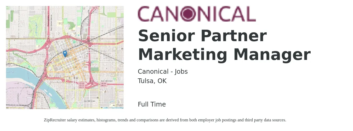Canonical - Jobs job posting for a Senior Partner Marketing Manager in Tulsa, OK with a salary of $82,200 to $119,700 Yearly with a map of Tulsa location.
