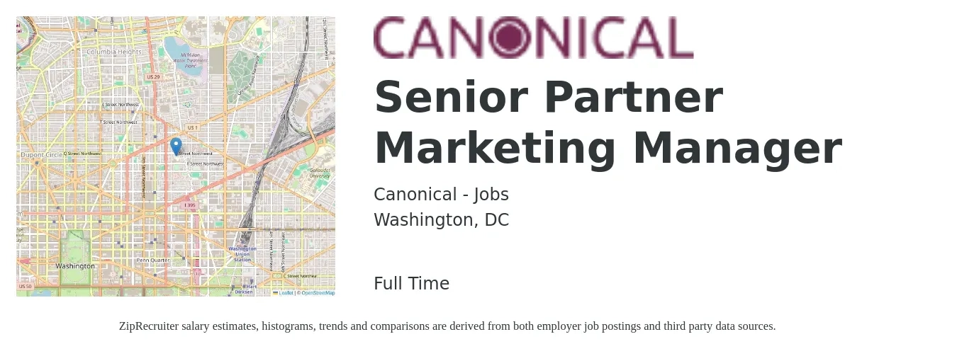 Canonical - Jobs job posting for a Senior Partner Marketing Manager in Washington, DC with a salary of $101,900 to $148,400 Yearly with a map of Washington location.