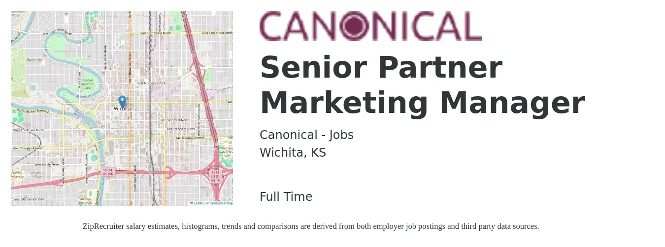 Canonical - Jobs job posting for a Senior Partner Marketing Manager in Wichita, KS with a salary of $80,500 to $117,200 Yearly with a map of Wichita location.