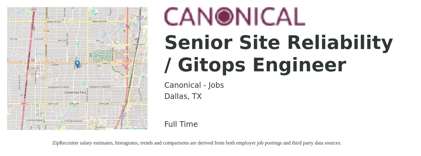 Canonical - Jobs job posting for a Senior Site Reliability / Gitops Engineer in Dallas, TX with a salary of $56 to $75 Hourly with a map of Dallas location.