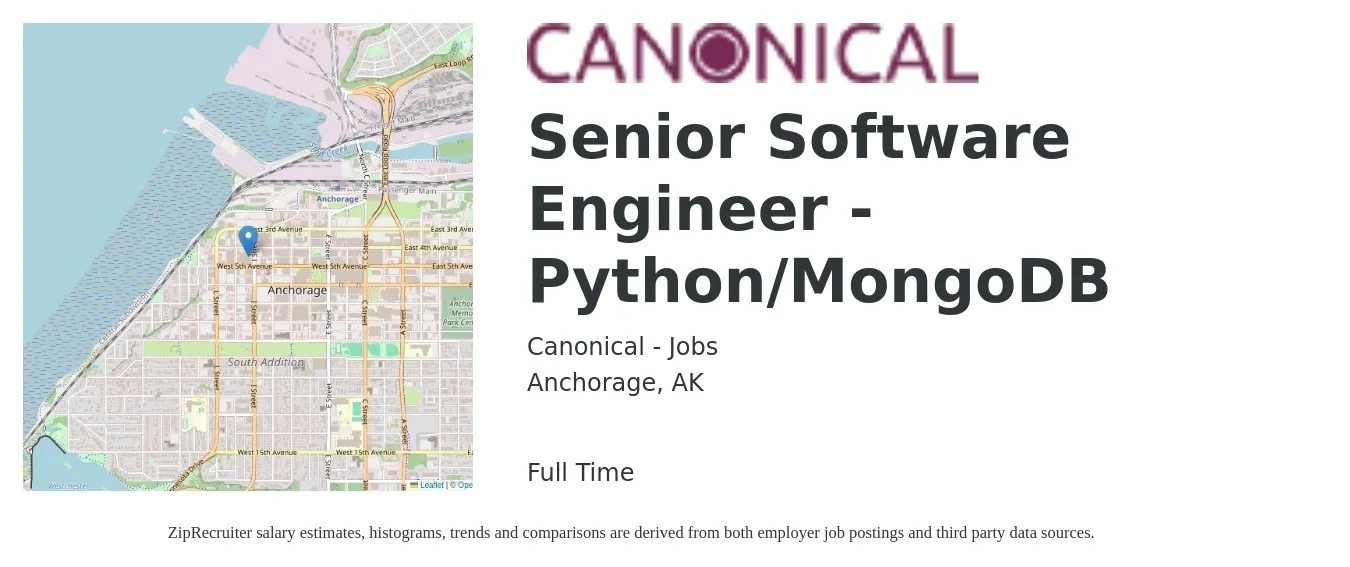 Canonical - Jobs job posting for a Senior Software Engineer - Python/MongoDB in Anchorage, AK with a salary of $124,200 to $167,100 Yearly with a map of Anchorage location.