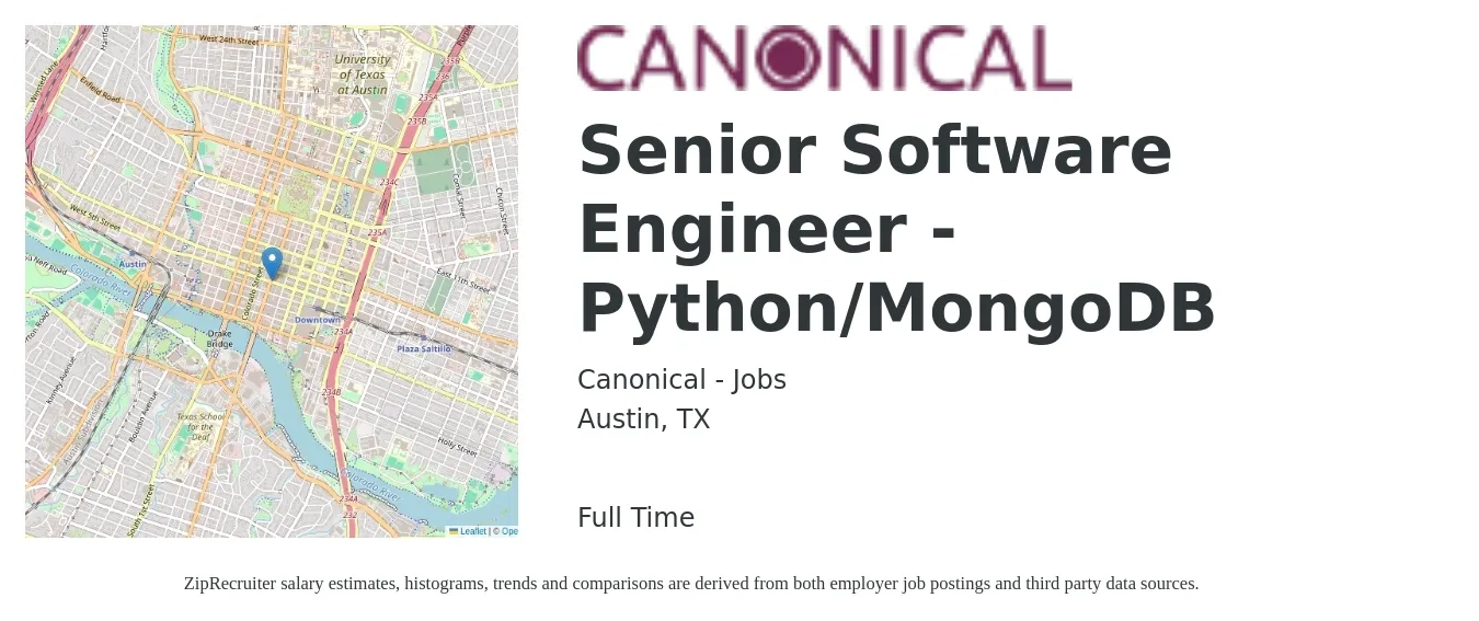 Canonical - Jobs job posting for a Senior Software Engineer - Python/MongoDB in Austin, TX with a salary of $120,400 to $162,100 Yearly with a map of Austin location.