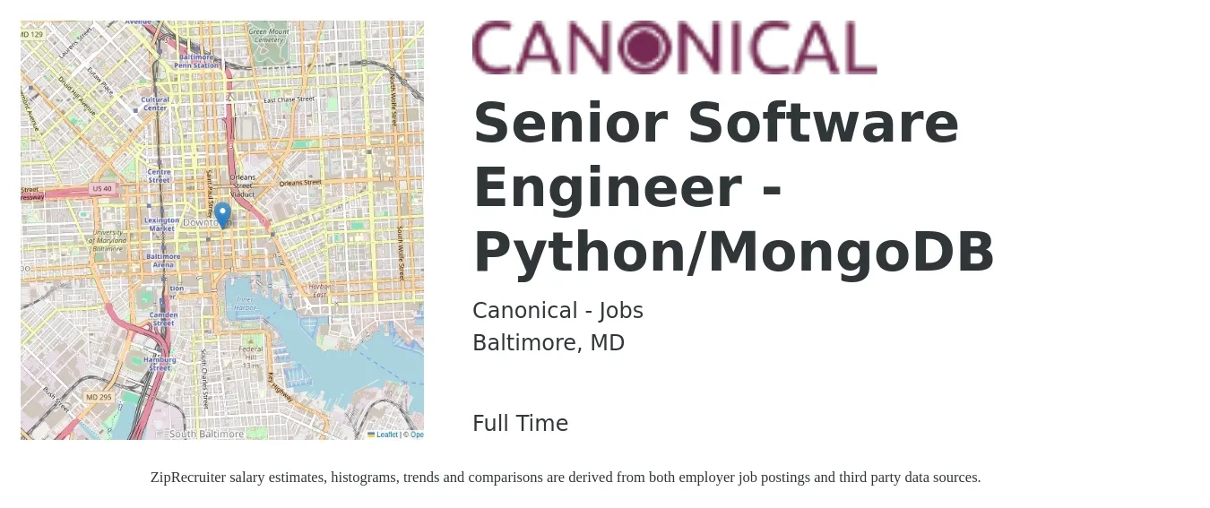 Canonical - Jobs job posting for a Senior Software Engineer - Python/MongoDB in Baltimore, MD with a salary of $120,700 to $162,500 Yearly with a map of Baltimore location.