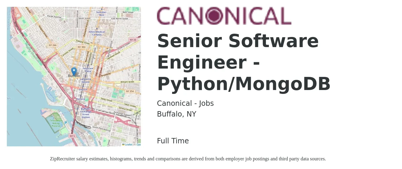 Canonical - Jobs job posting for a Senior Software Engineer - Python/MongoDB in Buffalo, NY with a salary of $117,700 to $158,400 Yearly with a map of Buffalo location.