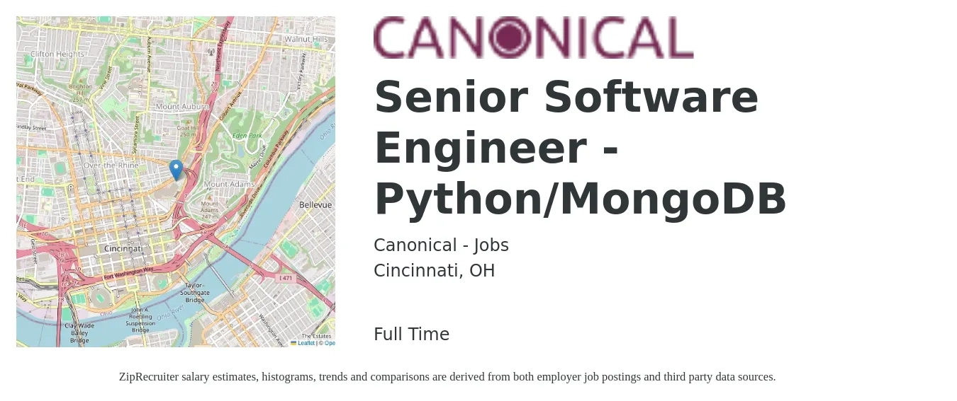 Canonical - Jobs job posting for a Senior Software Engineer - Python/MongoDB in Cincinnati, OH with a salary of $116,600 to $156,900 Yearly with a map of Cincinnati location.