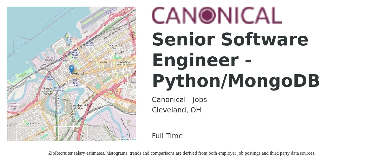 Canonical - Jobs job posting for a Senior Software Engineer - Python/MongoDB in Cleveland, OH with a salary of $117,800 to $158,600 Yearly with a map of Cleveland location.