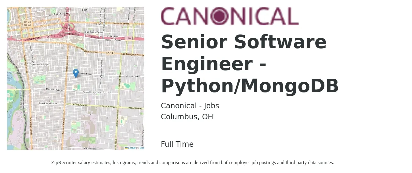 Canonical - Jobs job posting for a Senior Software Engineer - Python/MongoDB in Columbus, OH with a salary of $117,400 to $157,900 Yearly with a map of Columbus location.