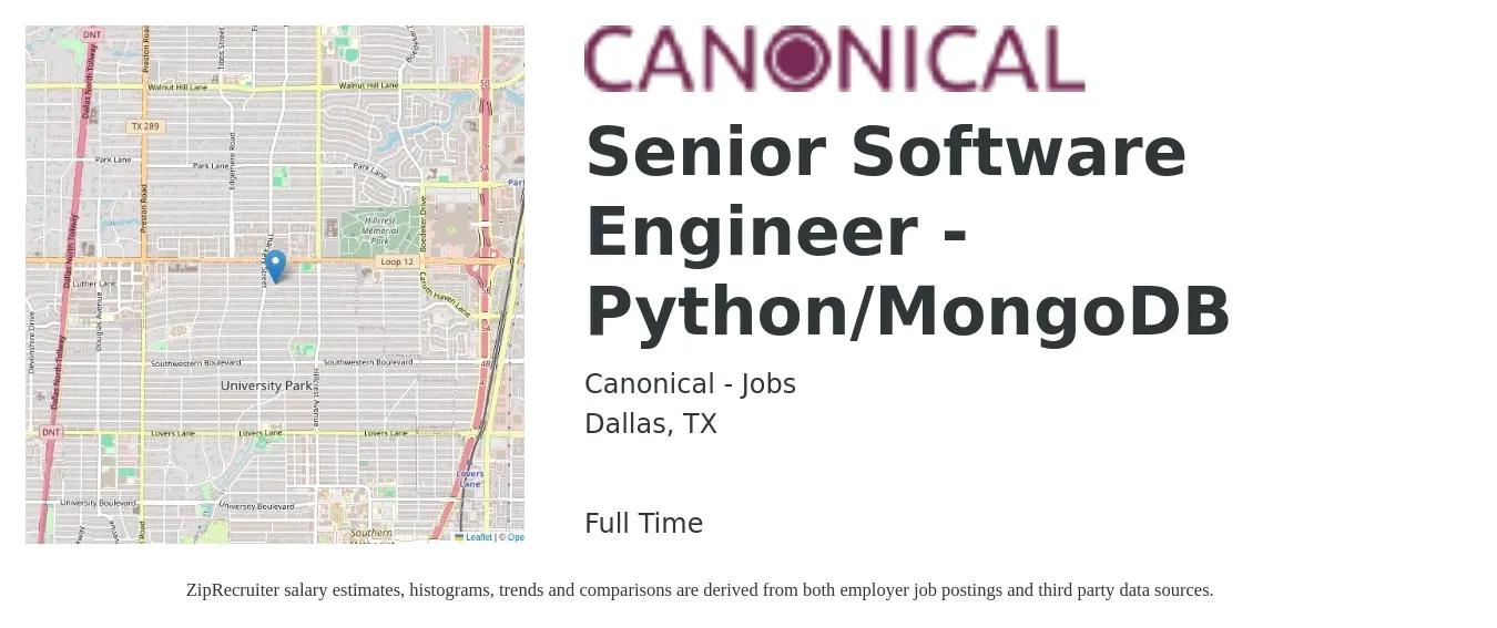 Canonical - Jobs job posting for a Senior Software Engineer - Python/MongoDB in Dallas, TX with a salary of $120,200 to $161,700 Yearly with a map of Dallas location.
