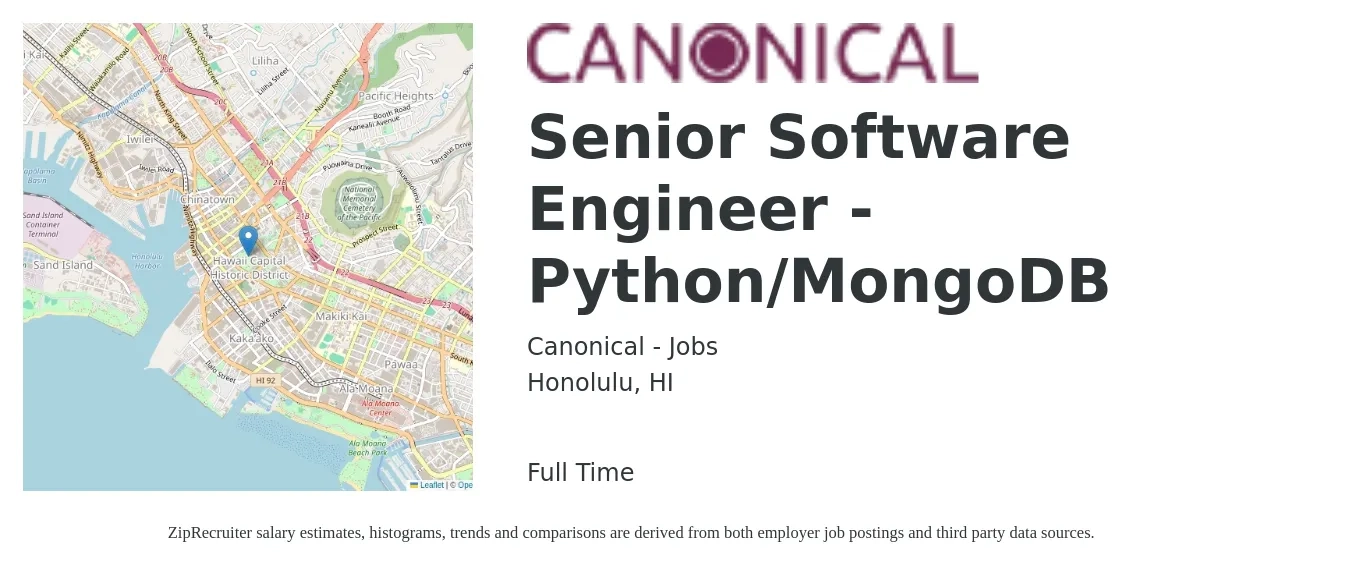 Canonical - Jobs job posting for a Senior Software Engineer - Python/MongoDB in Honolulu, HI with a salary of $120,000 to $161,500 Yearly with a map of Honolulu location.