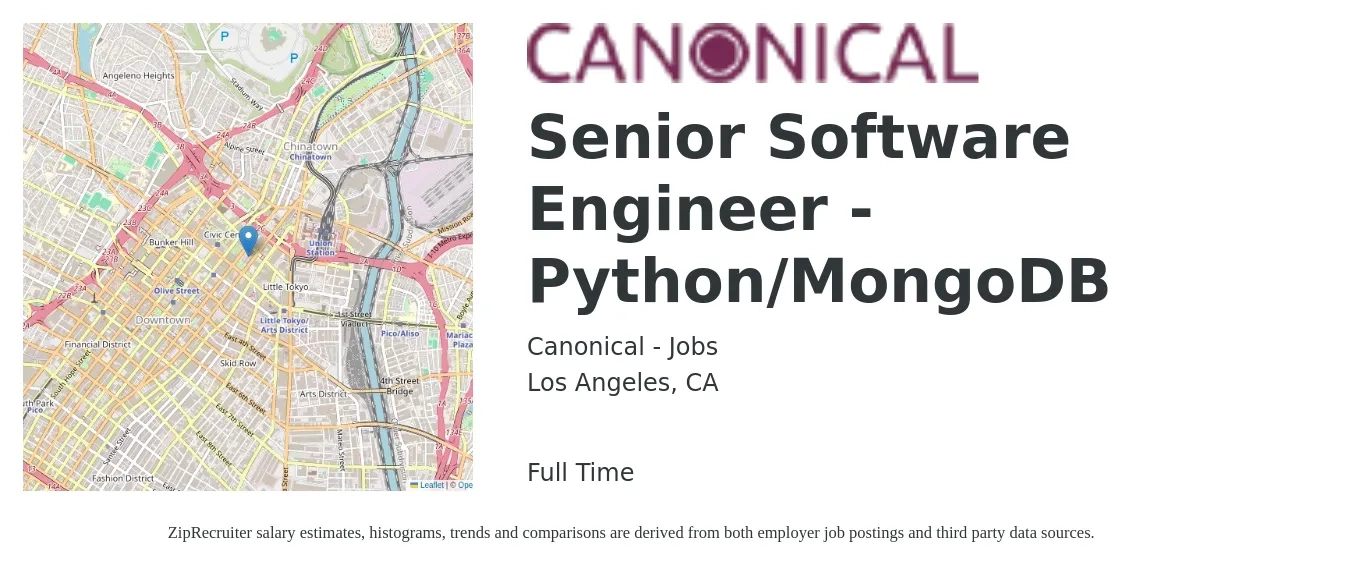 Canonical - Jobs job posting for a Senior Software Engineer - Python/MongoDB in Los Angeles, CA with a salary of $130,900 to $176,200 Yearly with a map of Los Angeles location.