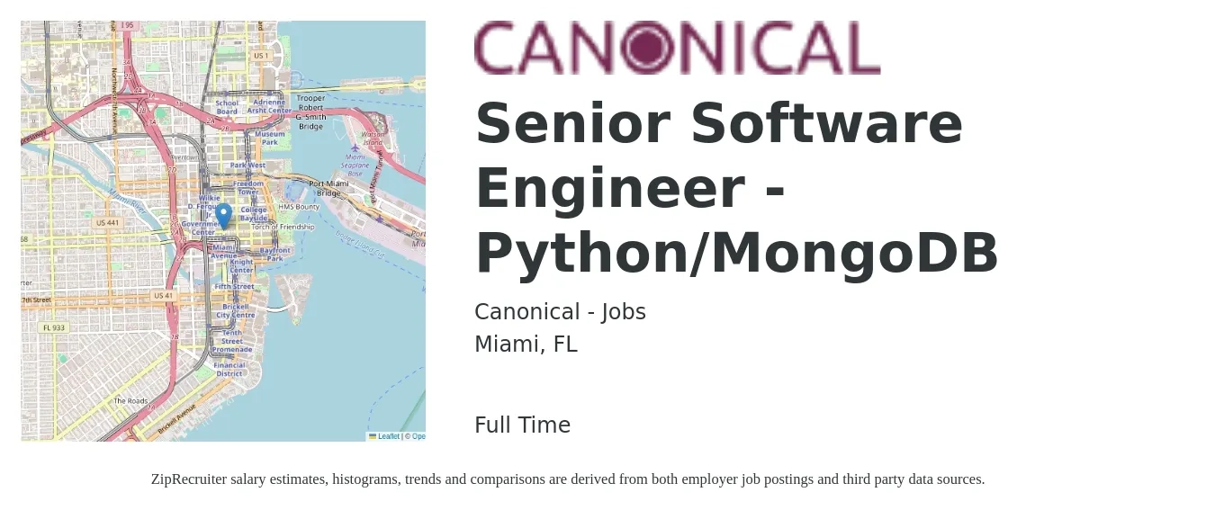 Canonical - Jobs job posting for a Senior Software Engineer - Python/MongoDB in Miami, FL with a salary of $116,200 to $156,400 Yearly with a map of Miami location.