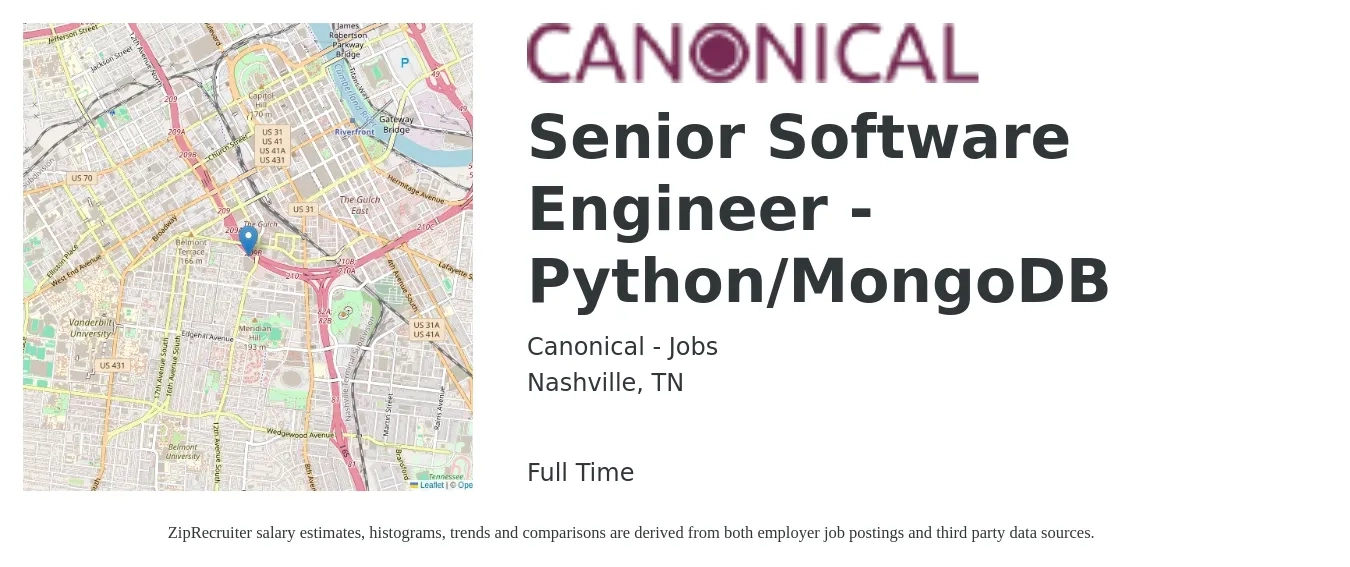 Canonical - Jobs job posting for a Senior Software Engineer - Python/MongoDB in Nashville, TN with a salary of $117,400 to $157,900 Yearly with a map of Nashville location.